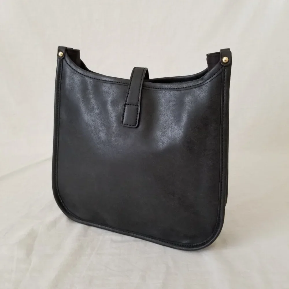 NWOT! Black Faux Leather Purse Shoulder Crossbody Bag with Embroidered Strap - Picture 8 of 12